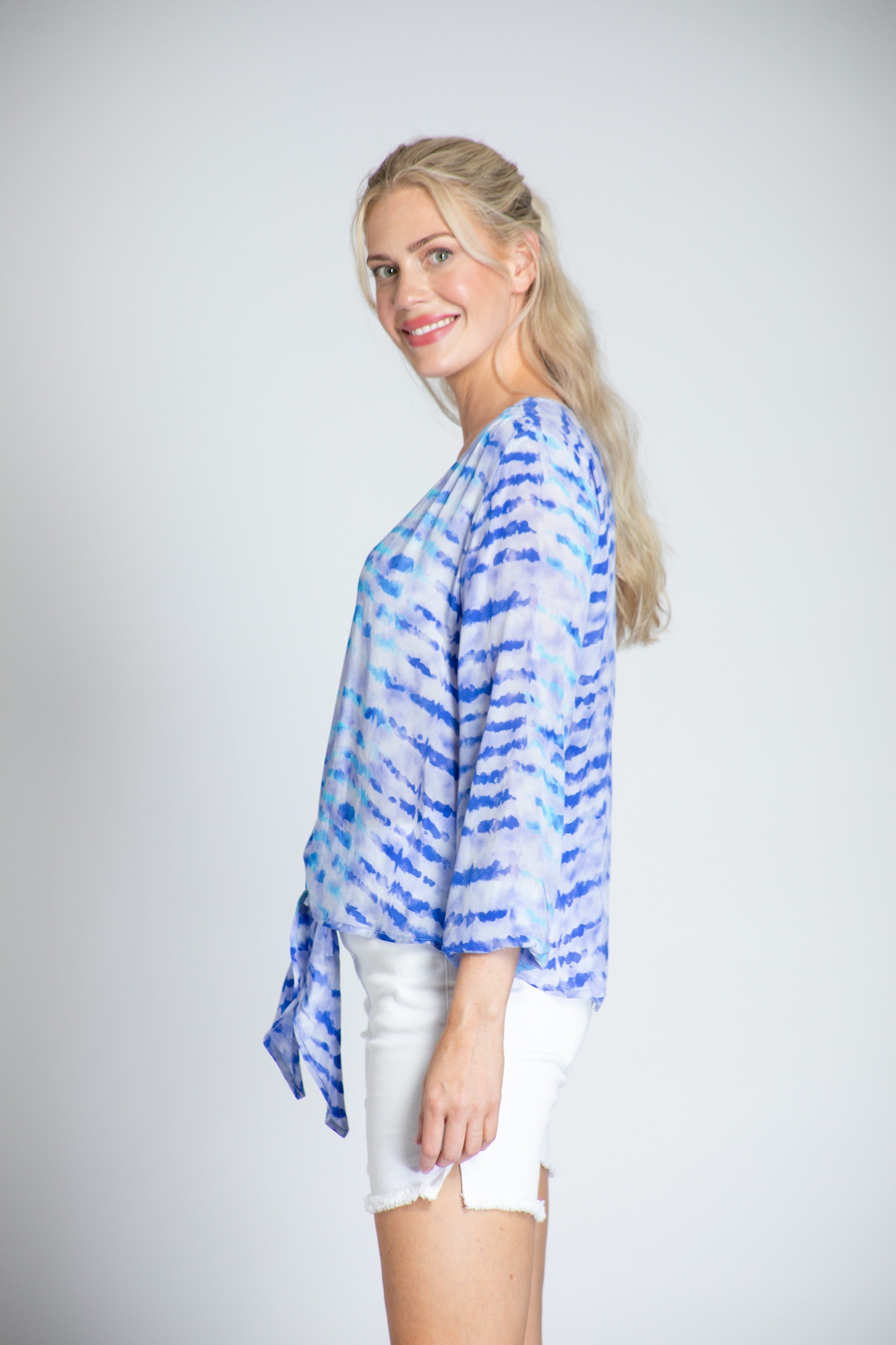 Blue & Turquoise Textured Stripe - V-neck Tie Front Top