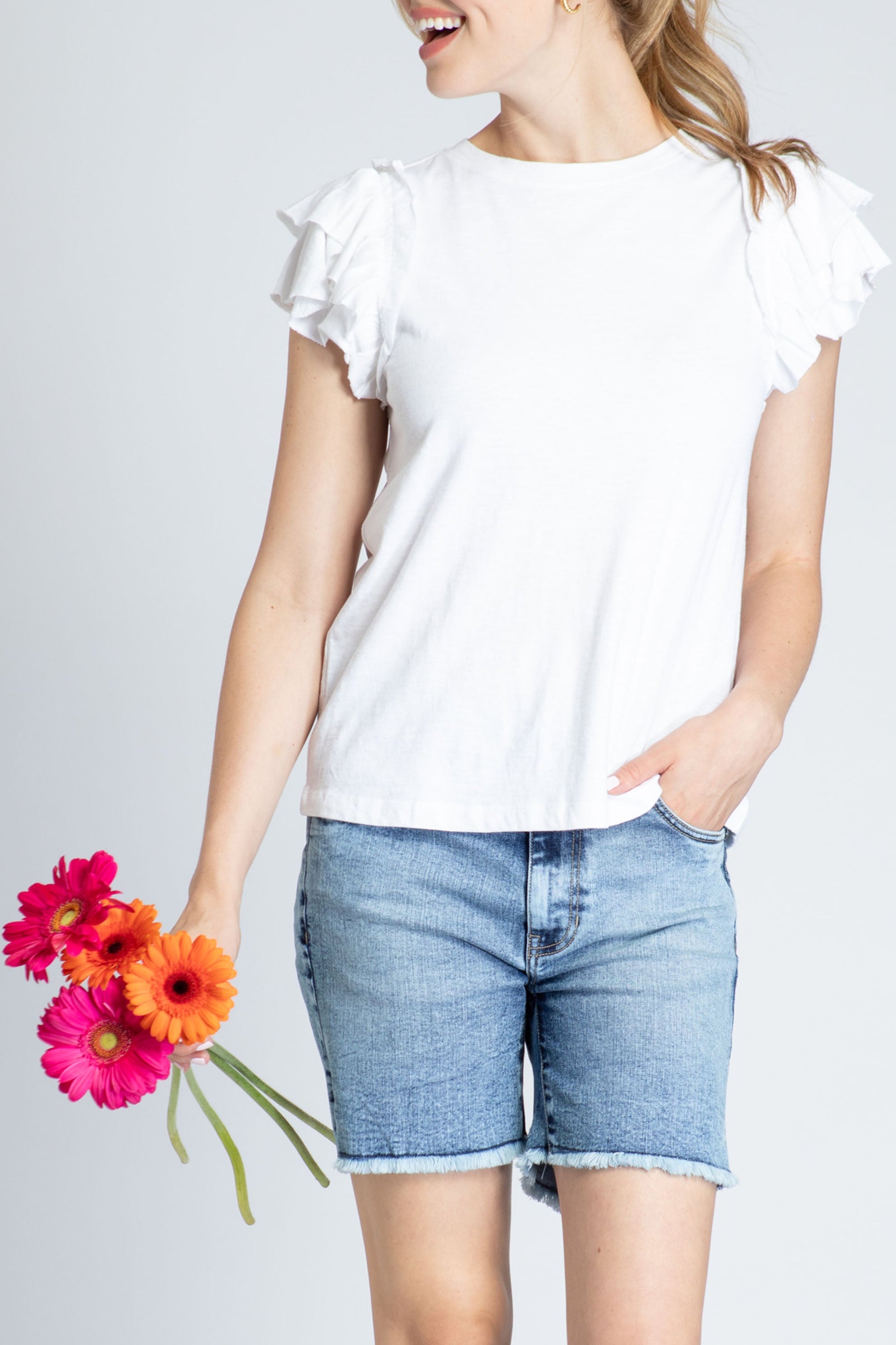 Ruffle Cap Sleeve Tee White Front Side APNY