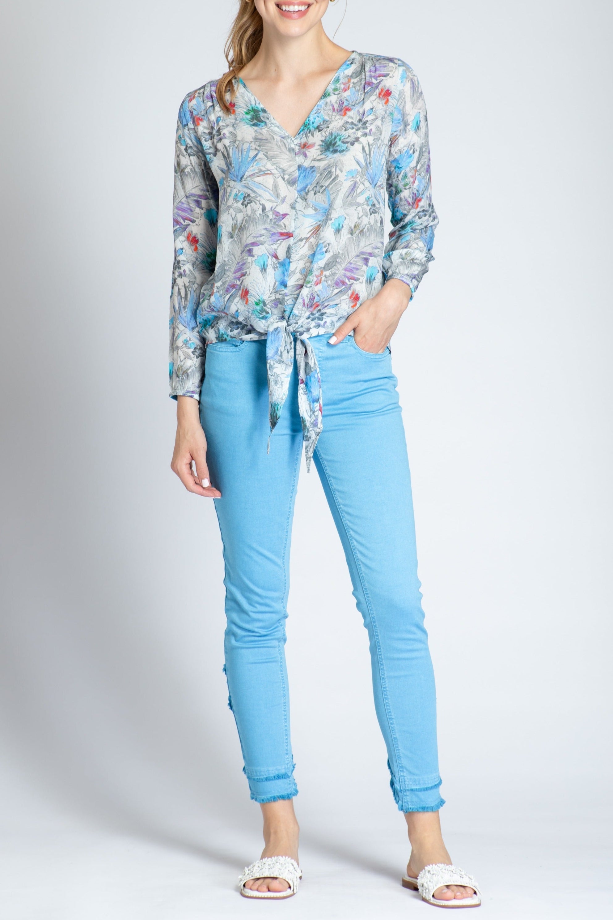 Multi Floral Print - V-neck Tie Front Top