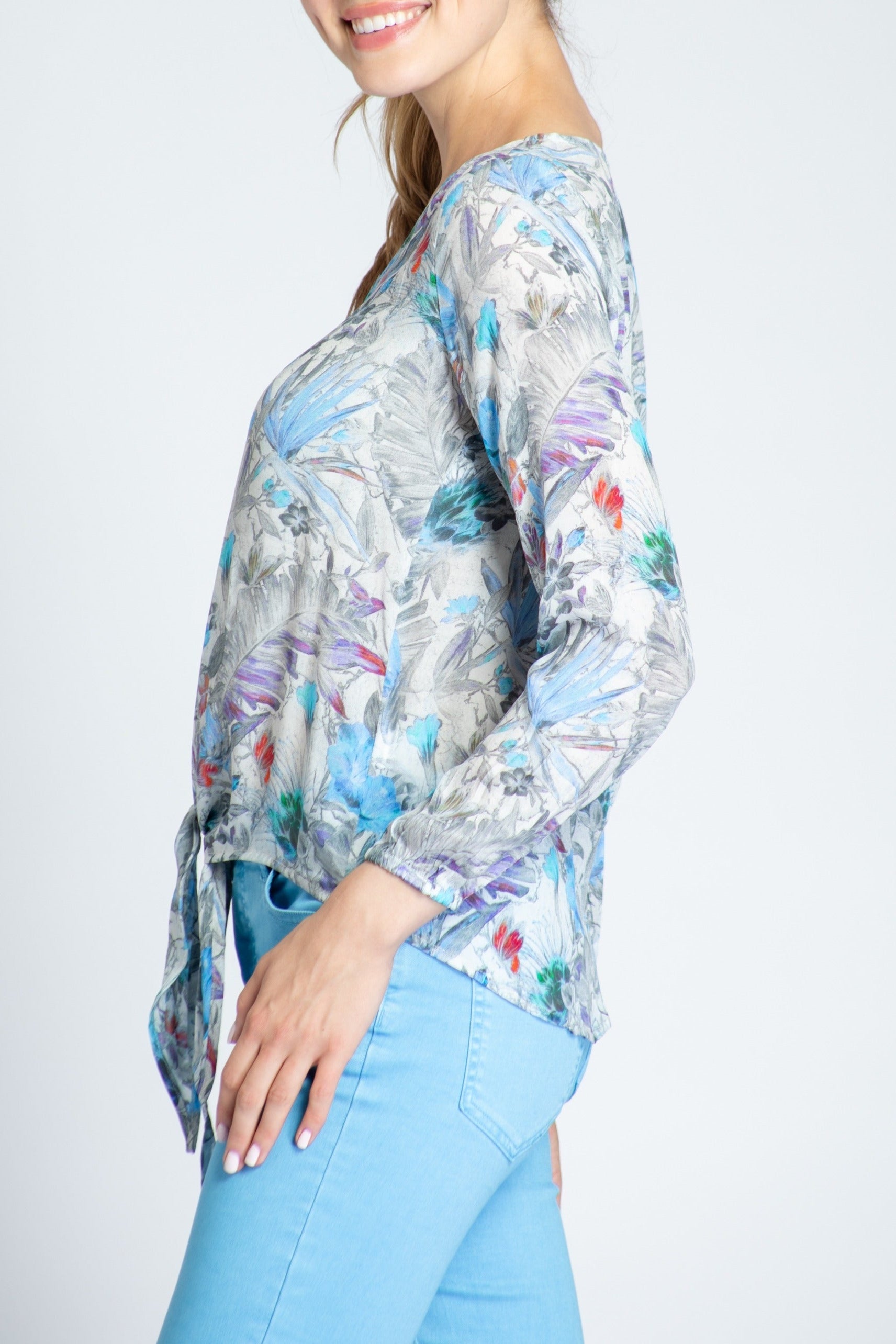 Multi Floral Print - V-neck Tie Front Top