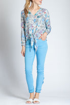 Multi Floral Print - V-neck Tie Front Top