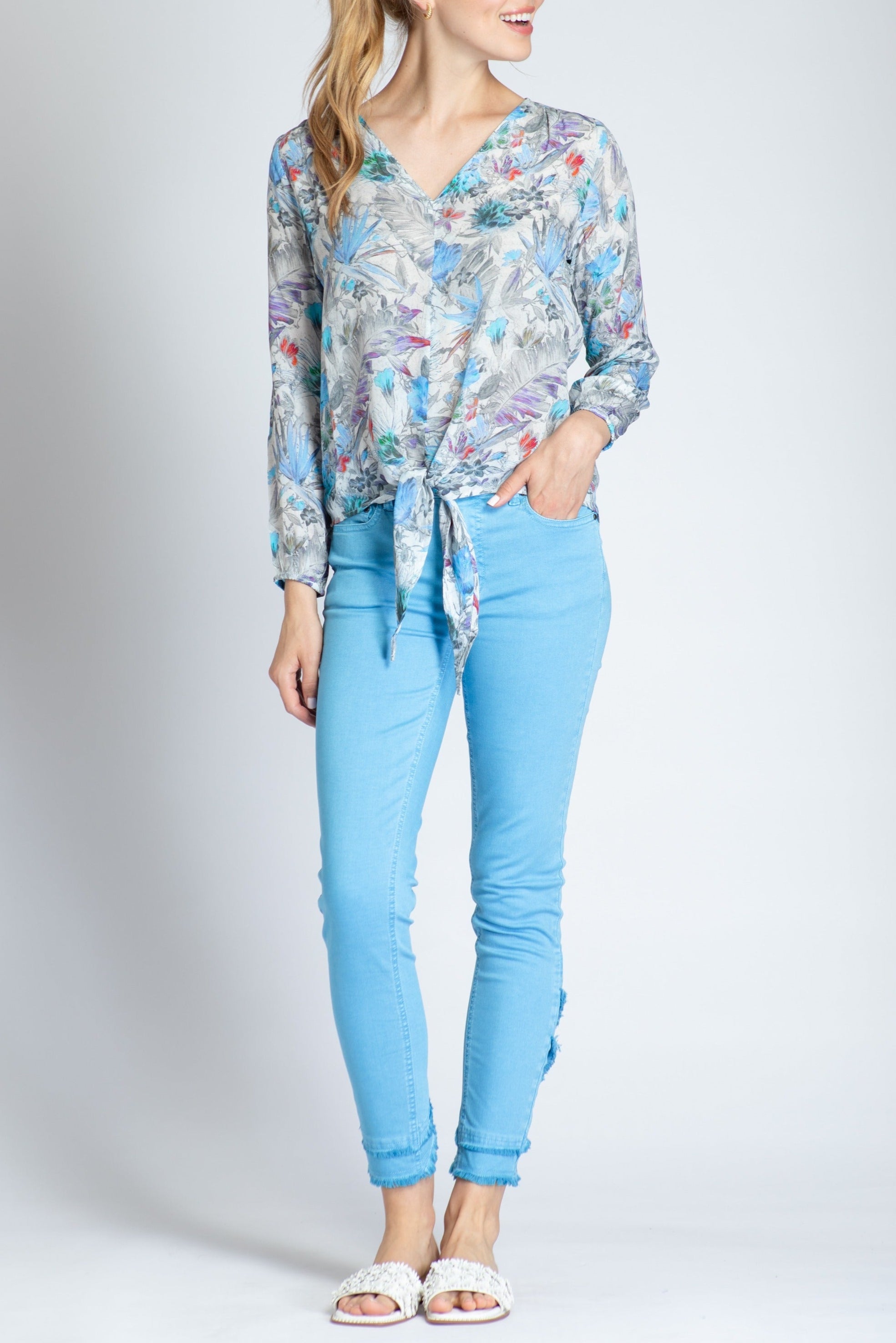 Multi Floral Print - V-neck Tie Front Top