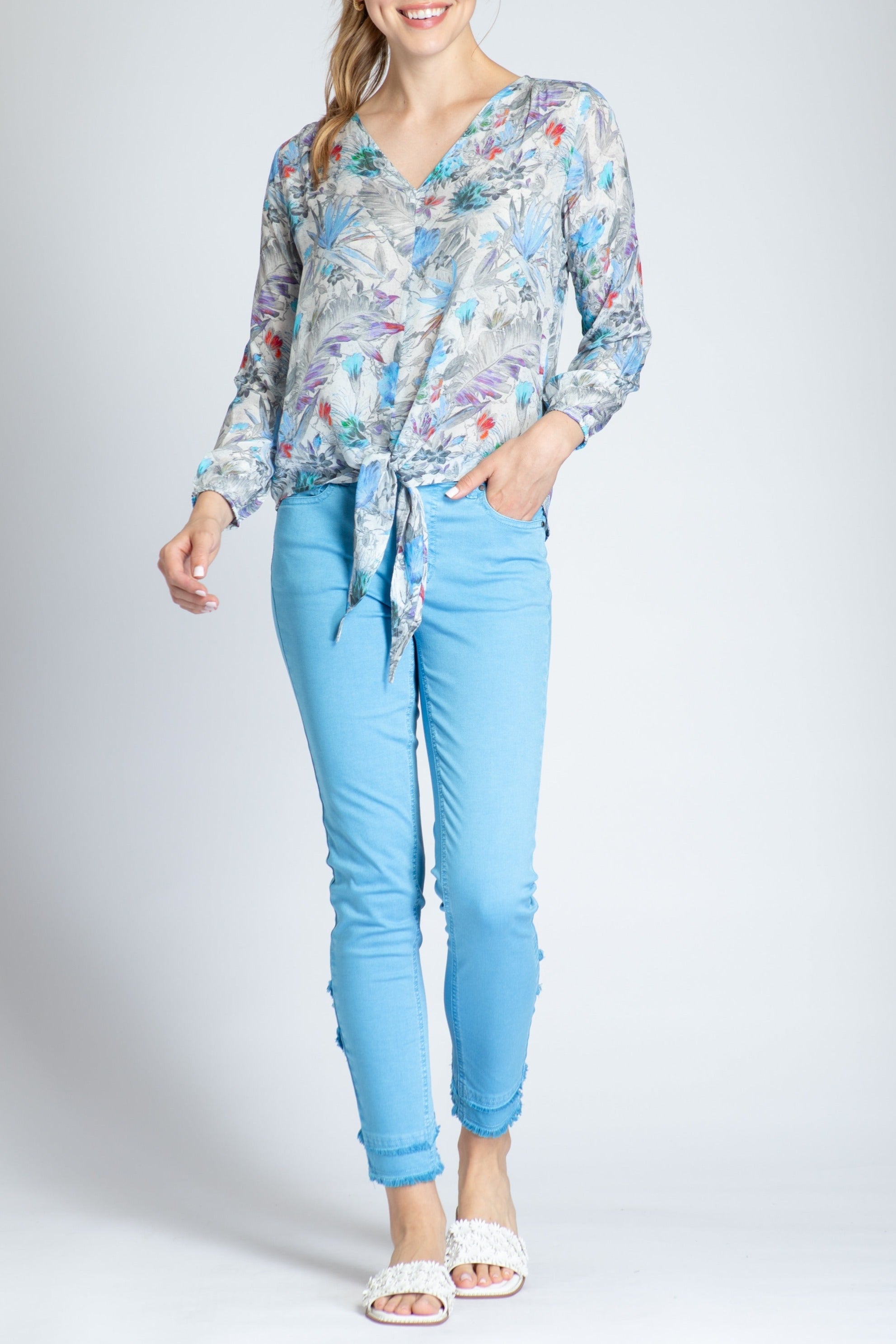Multi Floral Print - V-neck Tie Front Top
