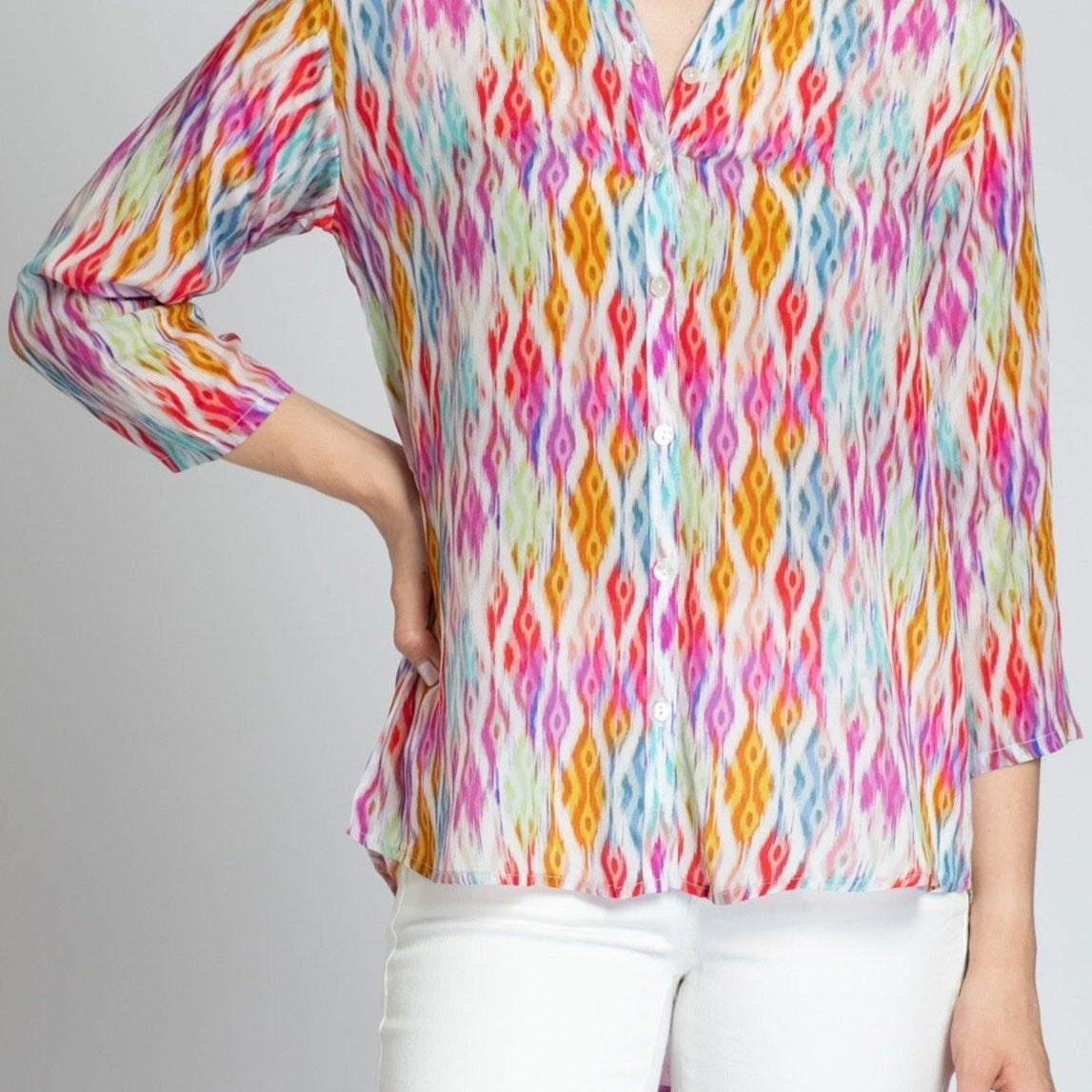 Multicolor Ikat Print - 3/4 Sleeve Mandarin Collar Button-up