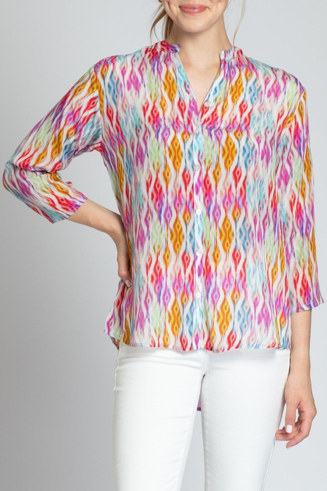 Multicolor Ikat Print - 3/4 Sleeve Mandarin Collar Button-up