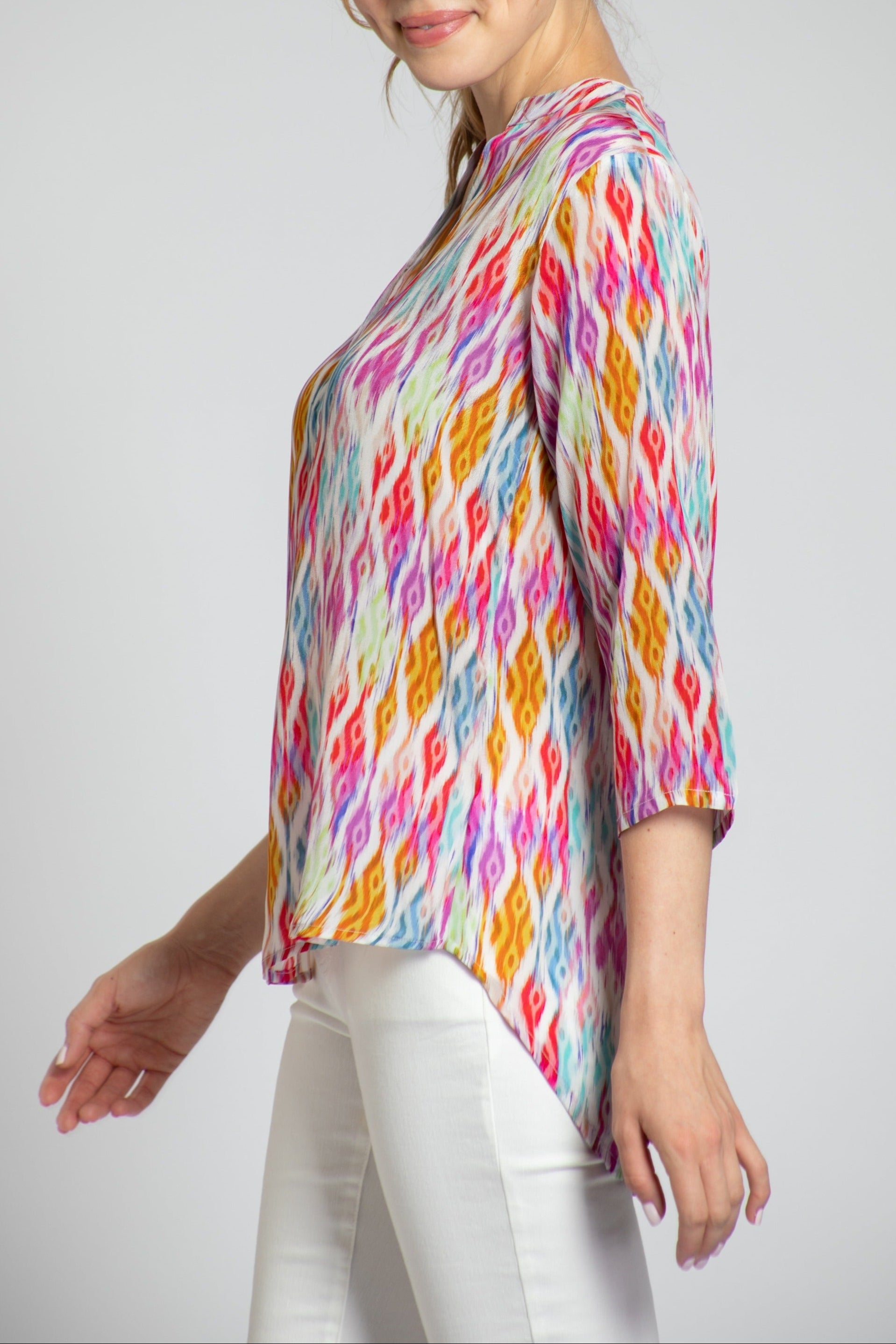 Multicolor Ikat Print - 3/4 Sleeve Mandarin Collar Button-up