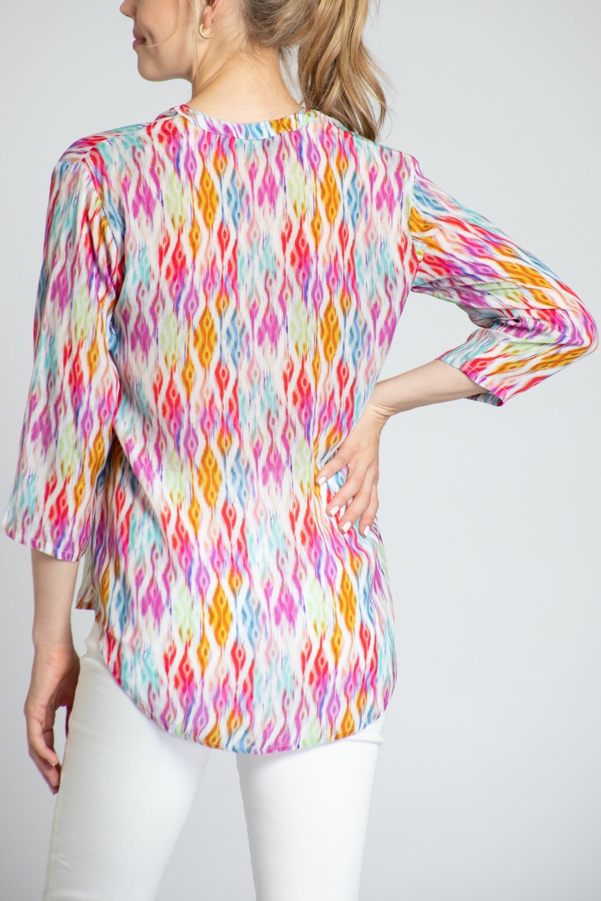 Multicolor Ikat Print - 3/4 Sleeve Mandarin Collar Button-up