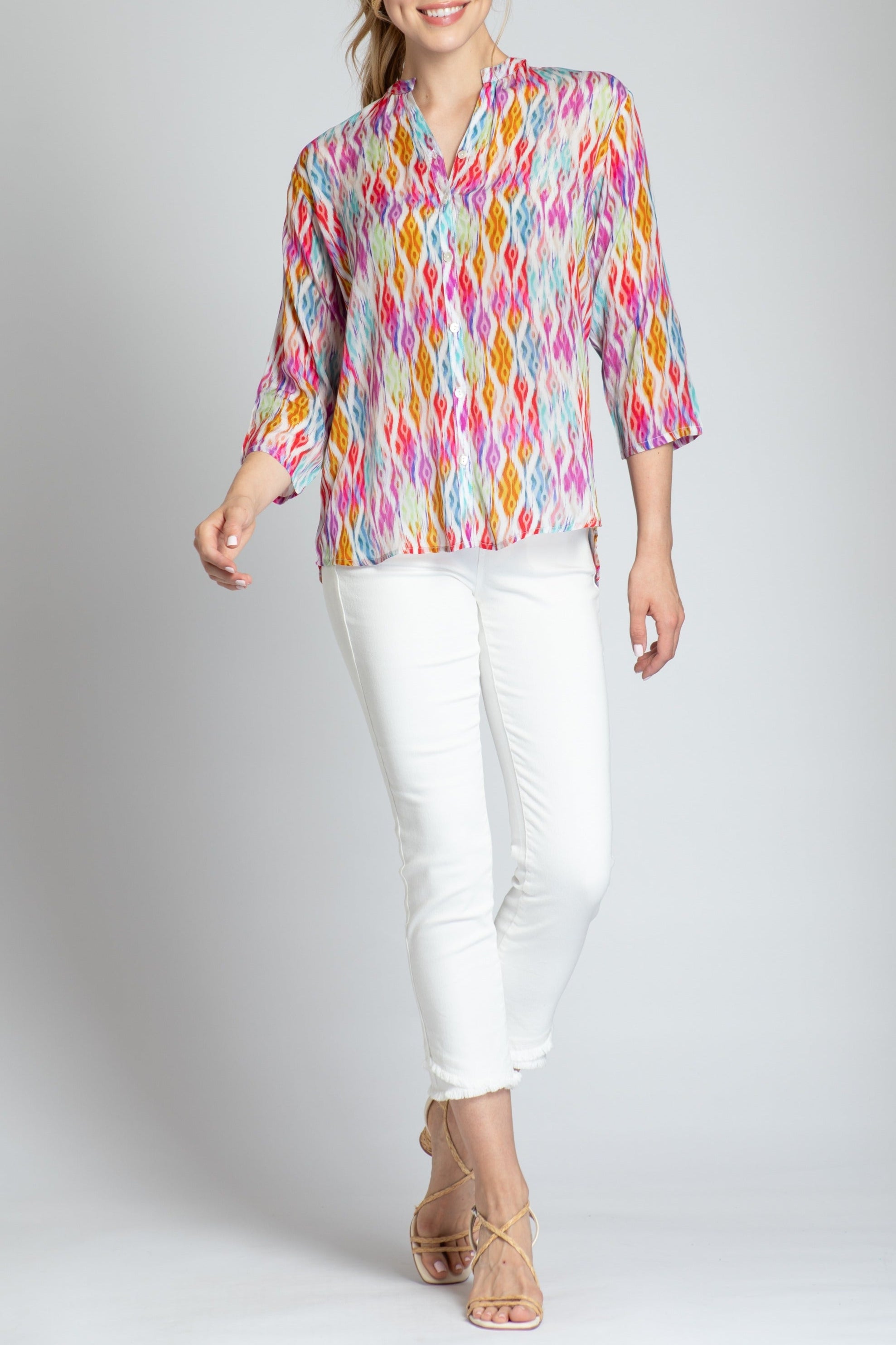 Multicolor Ikat Print - 3/4 Sleeve Mandarin Collar Button-up