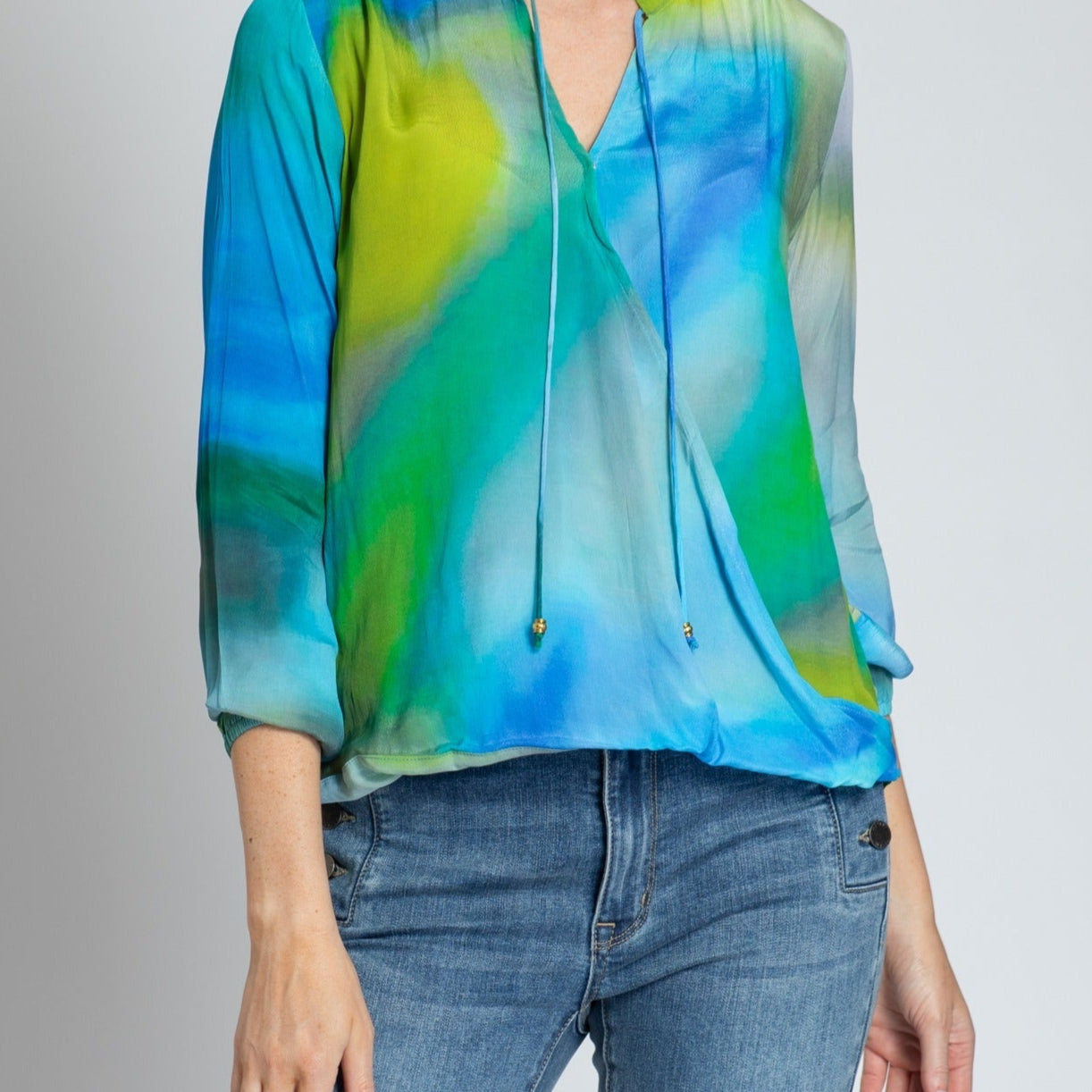 Blue/Lime Ombre Print - Crossover Top With Tassel