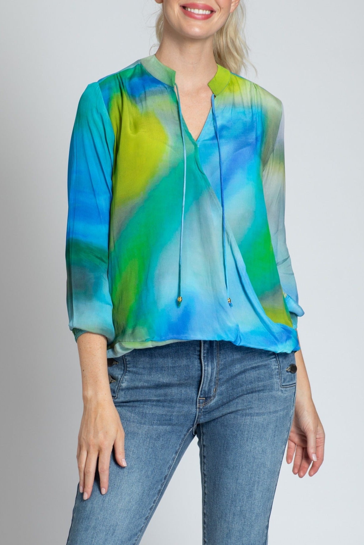 Blue/Lime Ombre Print - Crossover Top With Tassel