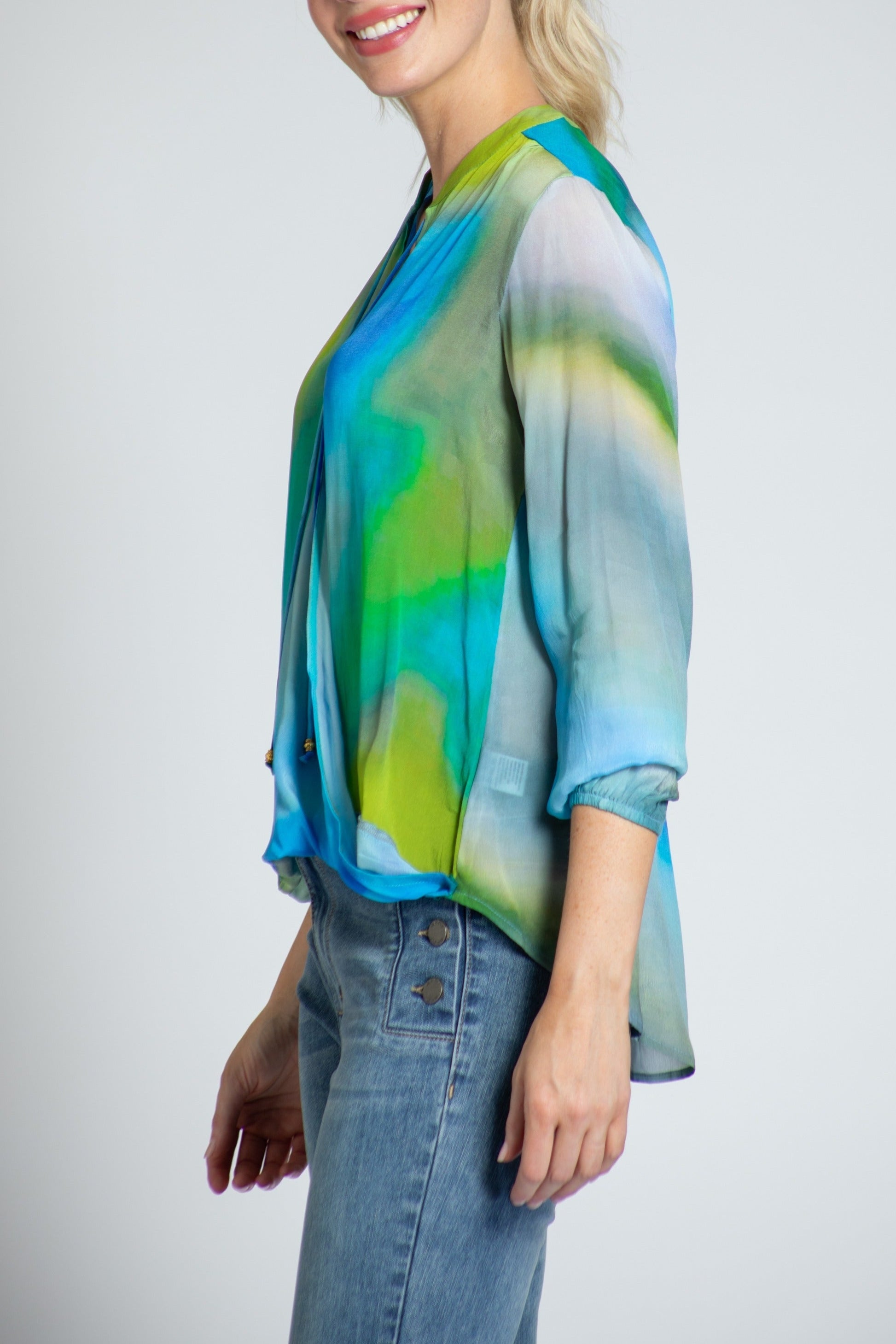 Blue/Lime Ombre Print - Crossover Top With Tassel