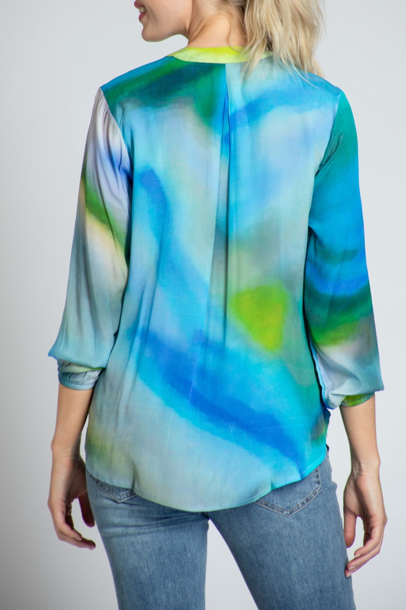 Blue/Lime Ombre Print - Crossover Top With Tassel