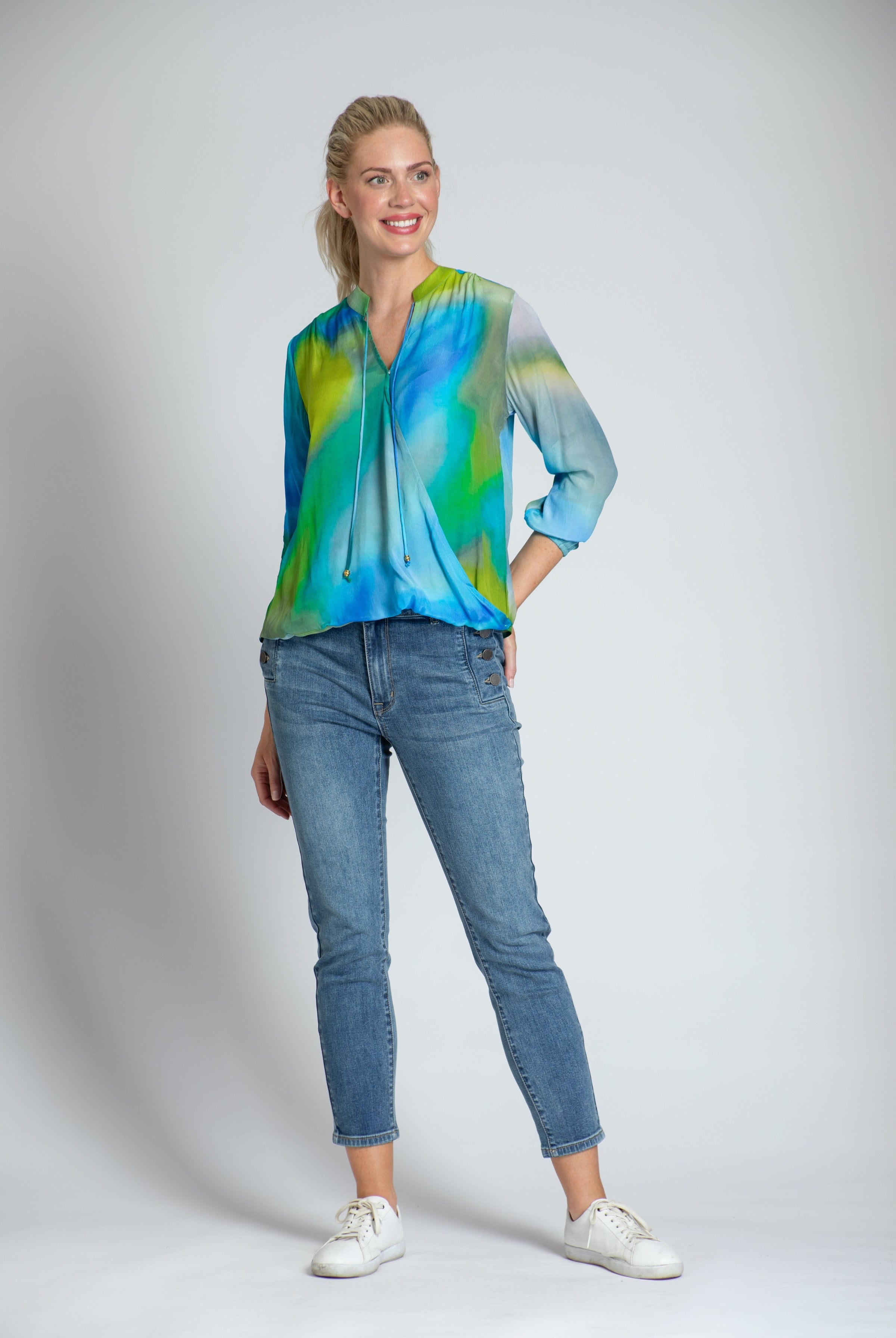 Blue/Lime Ombre Print - Crossover Top With Tassel