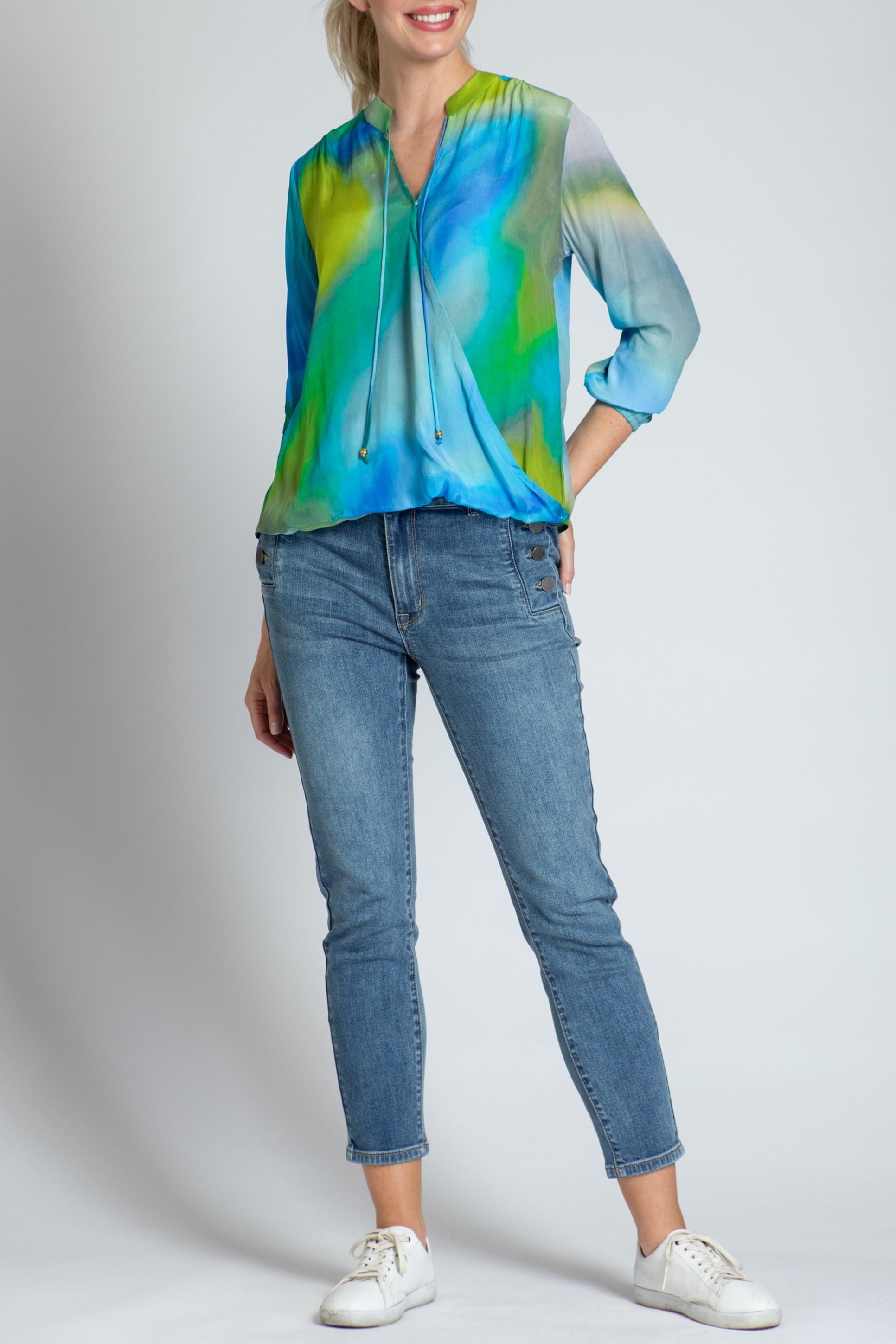 Blue/Lime Ombre Print - Crossover Top With Tassel