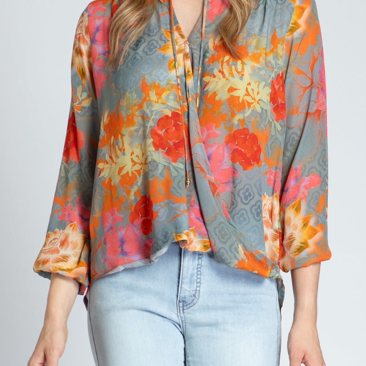 Boho Floral Print - Crossover Top With Tassel