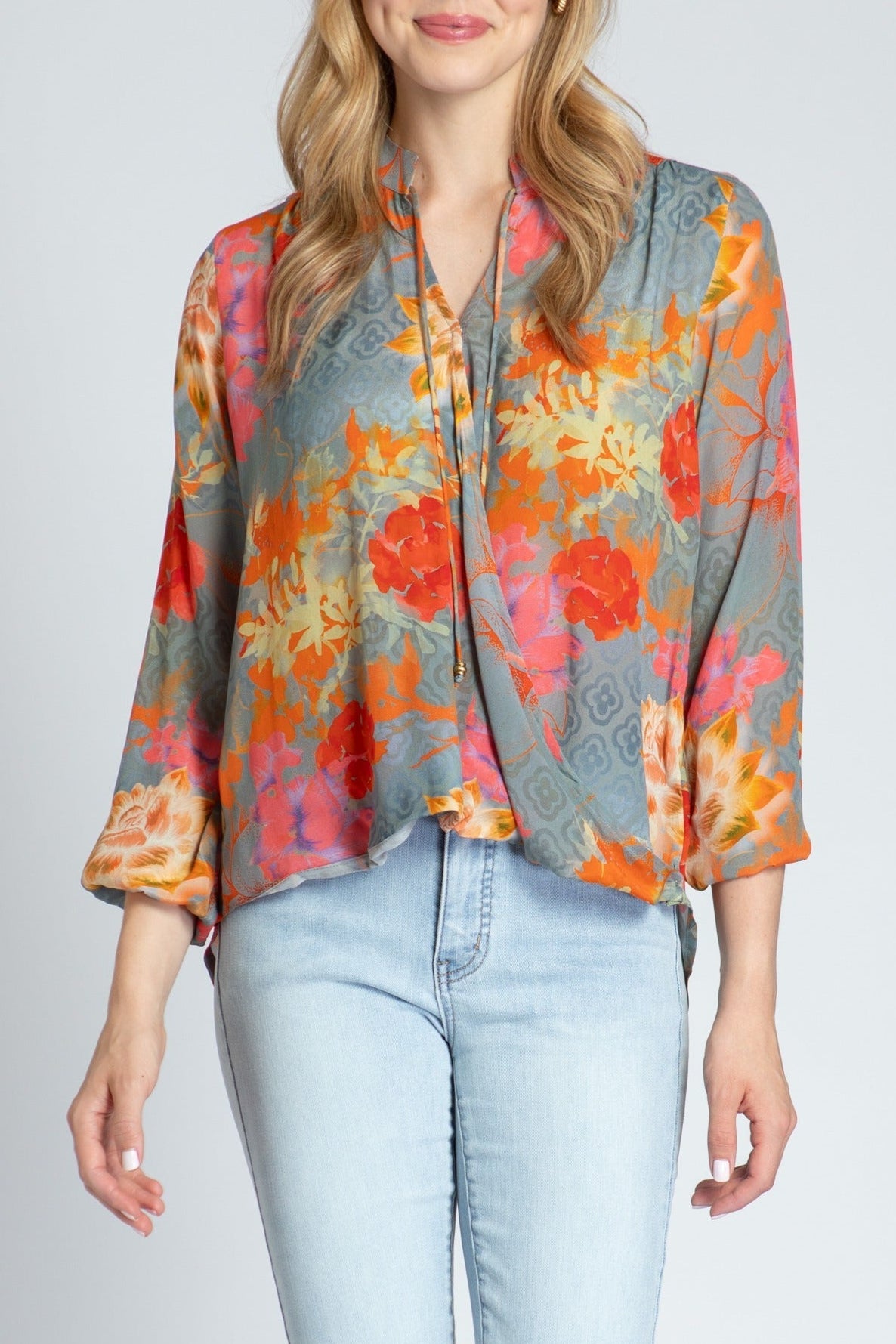 Boho Floral Print - Crossover Top With Tassel