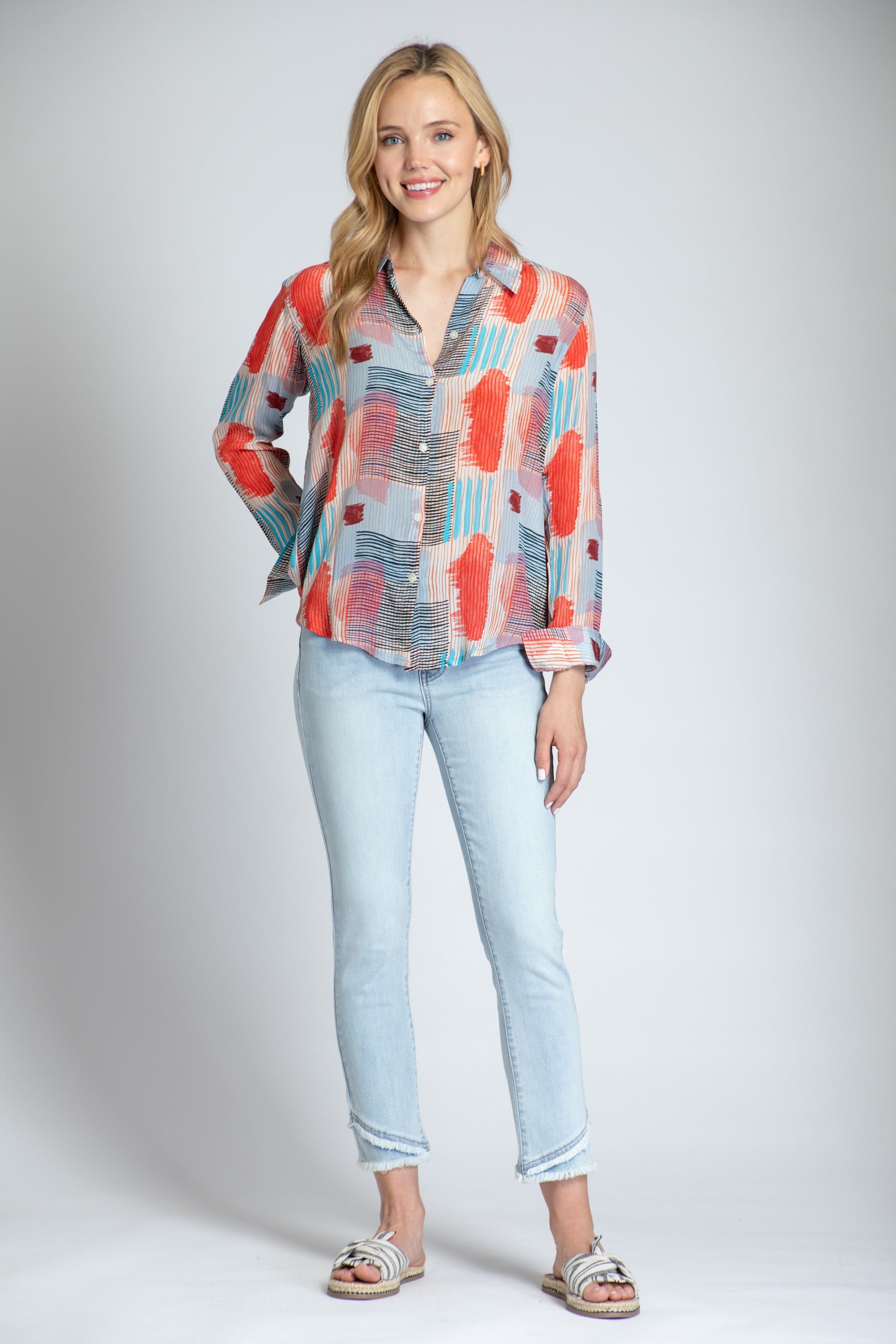Multicolor Geo Square With Strokes Print - Button-up With Roll-up Sleeve