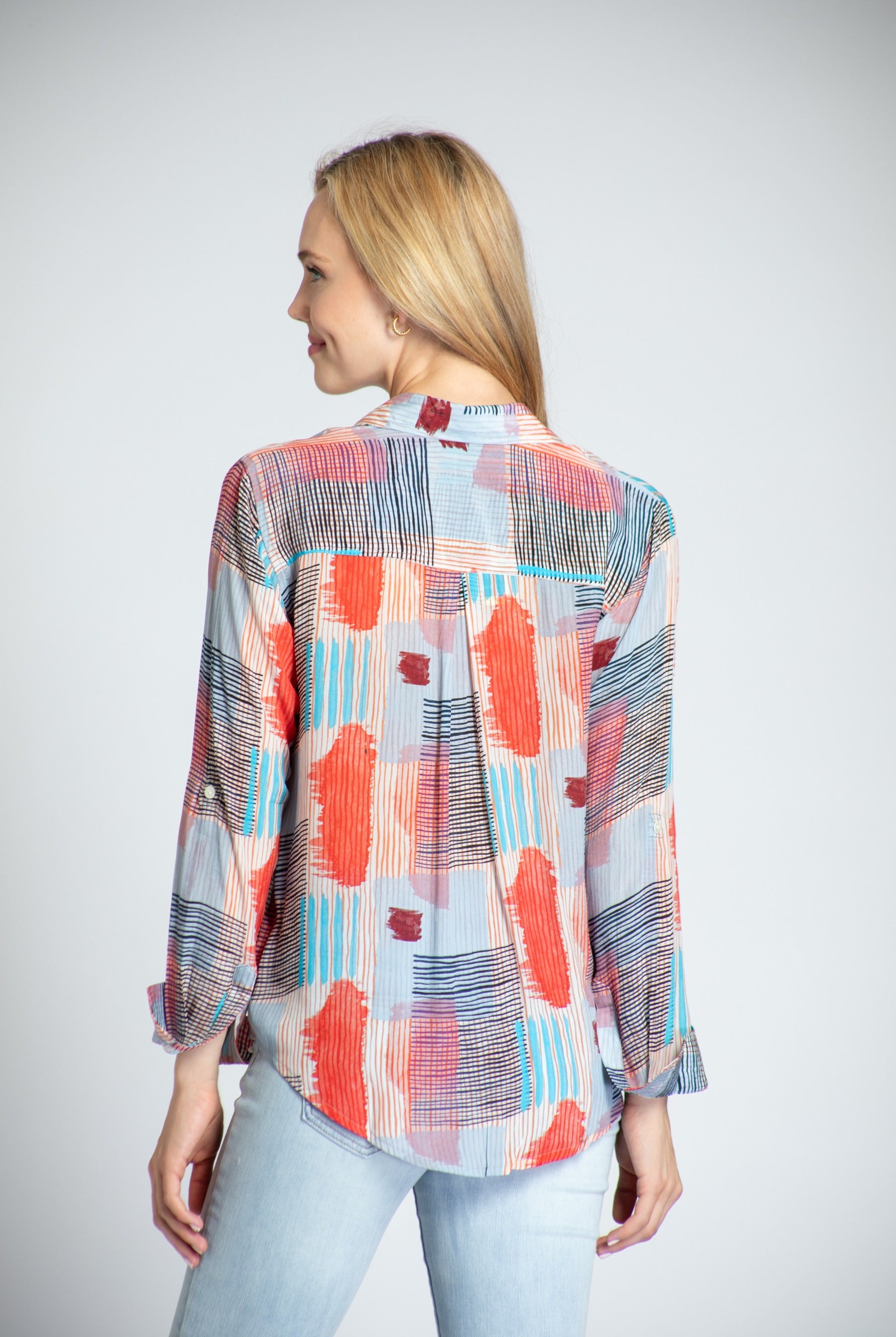 Multicolor Geo Square With Strokes Print - Button-up With Roll-up Sleeve