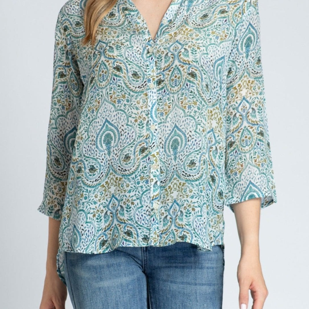 Modern Paisley Print - 3/4 Sleeve Mandarin Collar Button-up