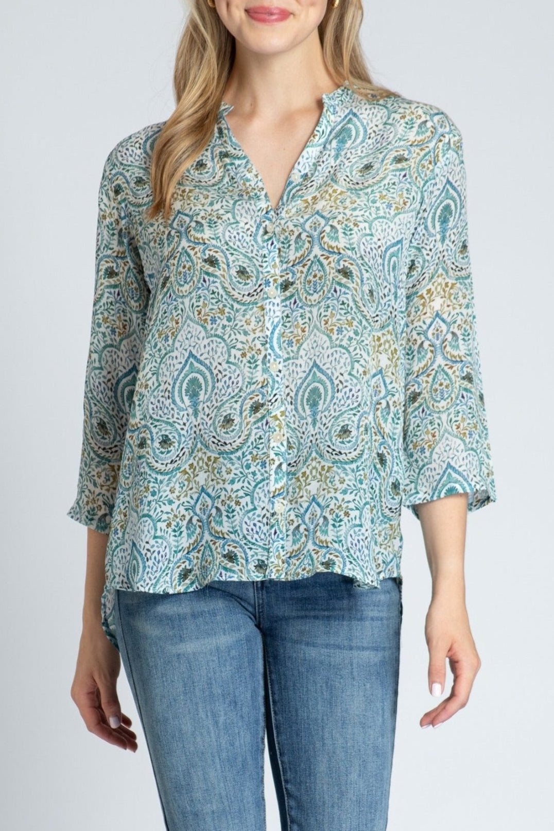 Modern Paisley Print - 3/4 Sleeve Mandarin Collar Button-up