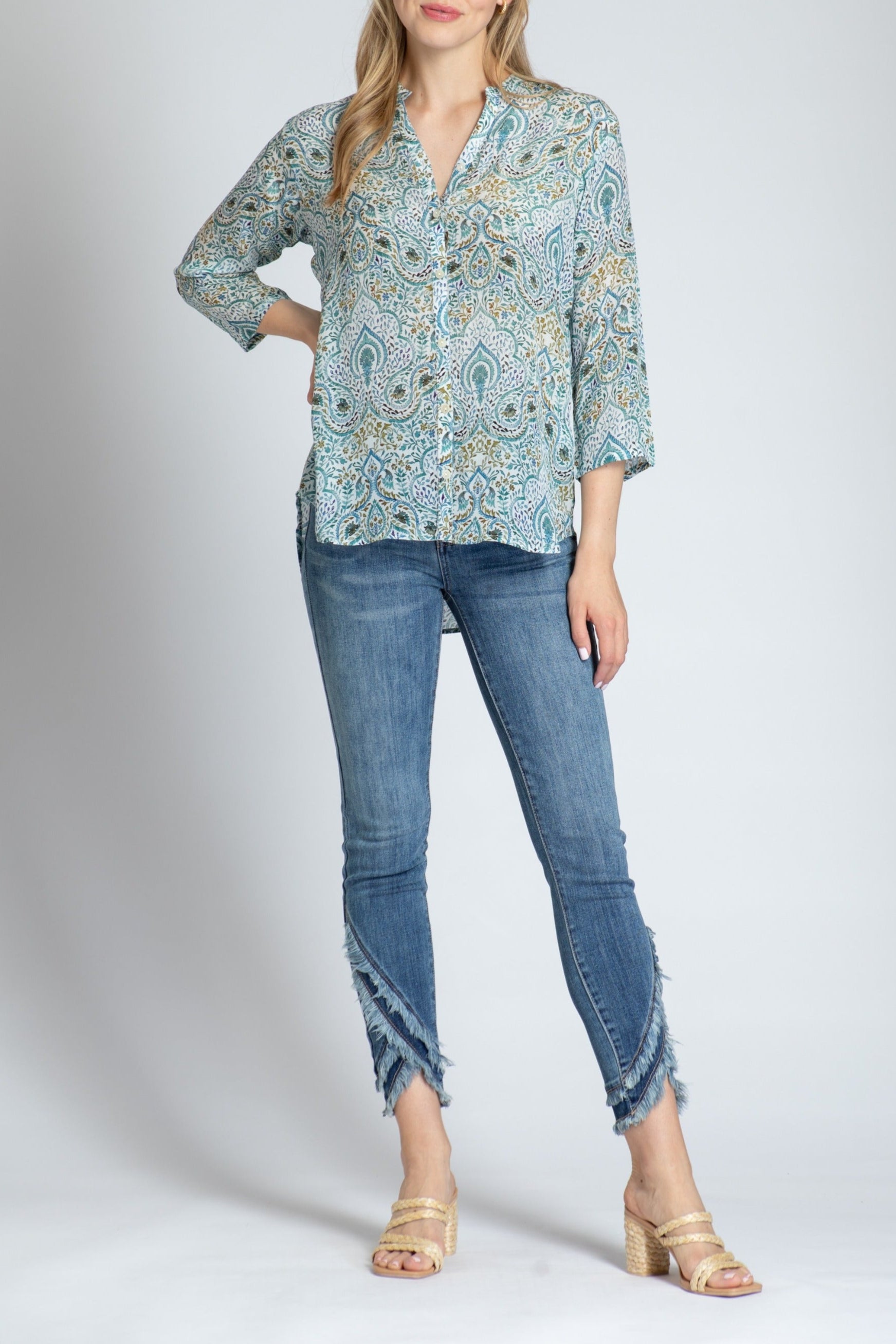 Modern Paisley Print - 3/4 Sleeve Mandarin Collar Button-up