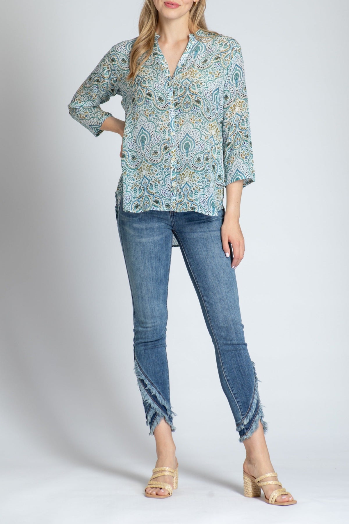 Modern Paisley Print - 3/4 Sleeve Mandarin Collar Button-up