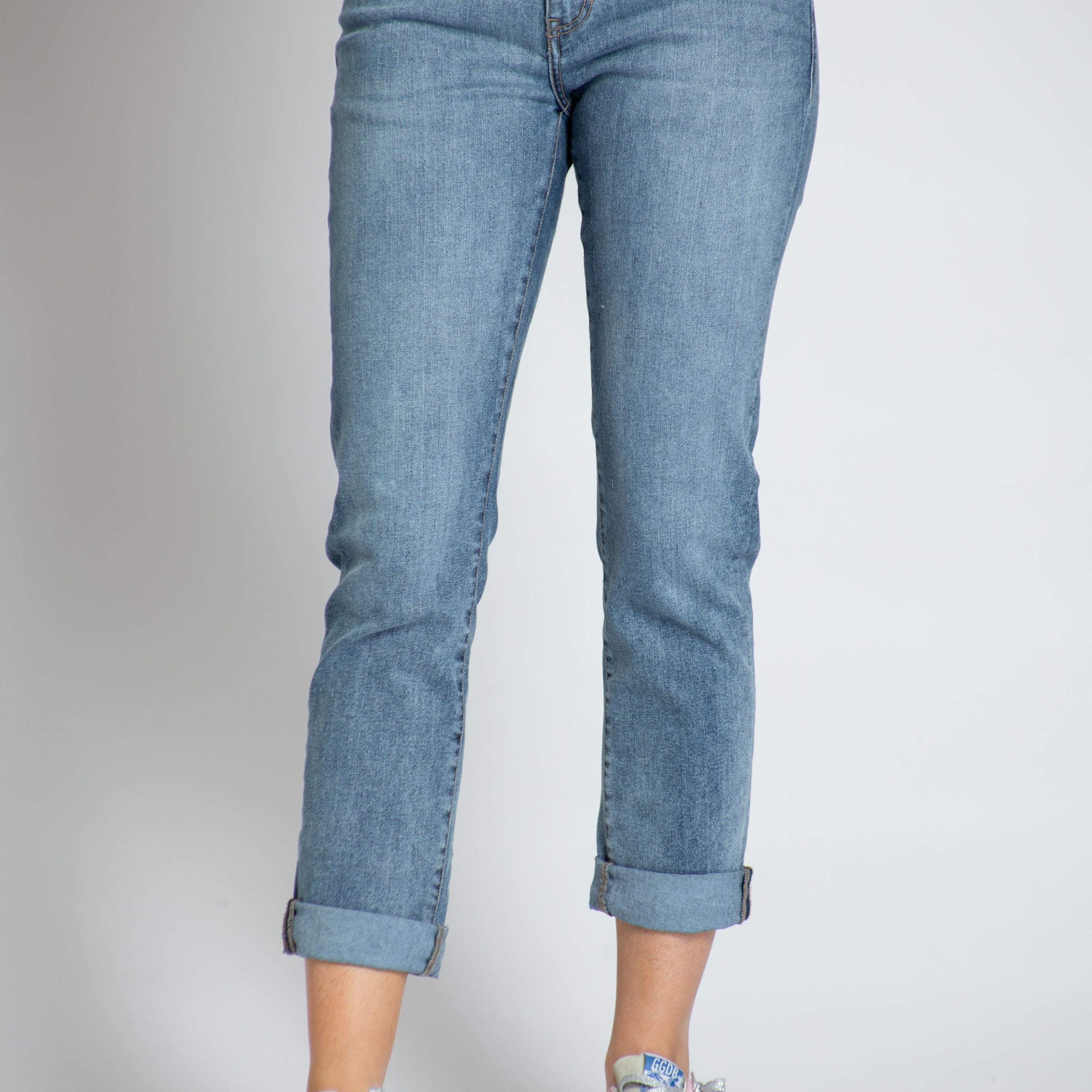 Medium Indigo-Mid Rise Girlfriend Rolled Jean | front side