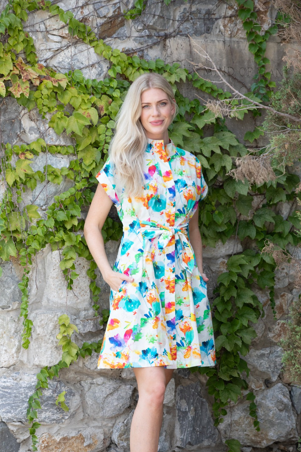 Abstract Bloom Print - Short Sleeve Shirt Dress With Self Tie | Full