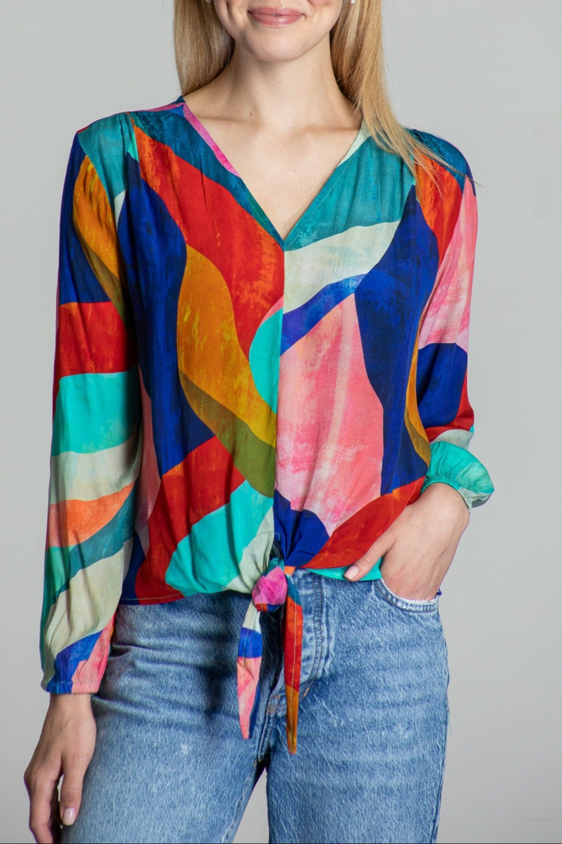 Colorful Abstract Print - V-neck Tie Front Top