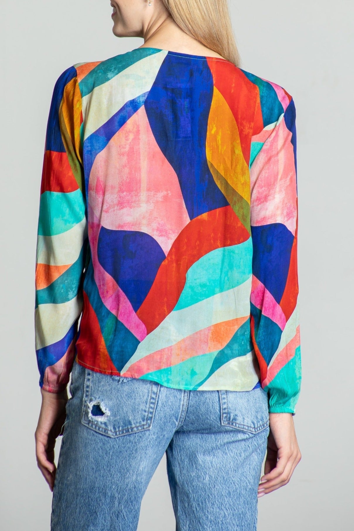 Colorful Abstract Print - V-neck Tie Front Top