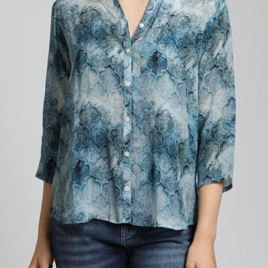 3/4 Sleeve Mandarin Collar Button-up
