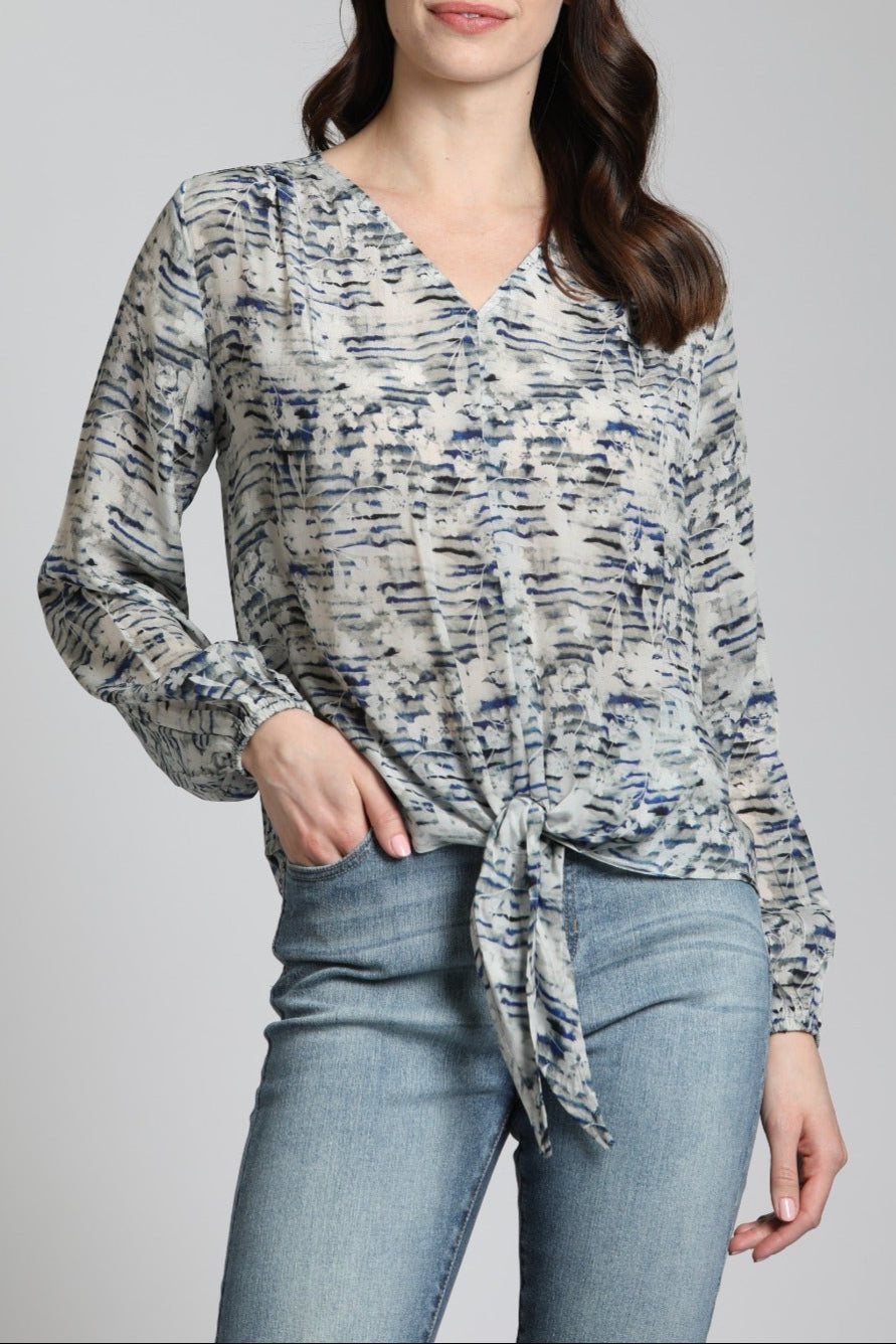 V Neck Tie Front Top With Shadow Contrast Floral Print | front side