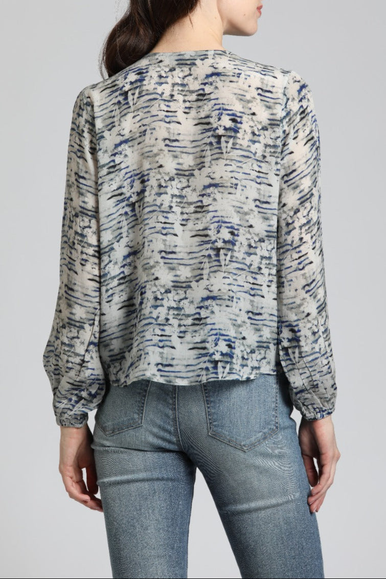 V Neck Tie Front Top With Shadow Contrast Floral Print | back side