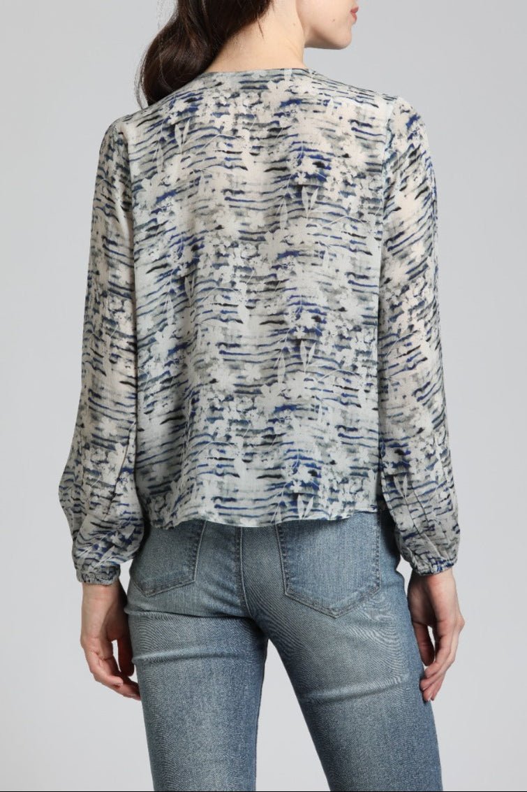 V Neck Tie Front Top With Shadow Contrast Floral Print | back side