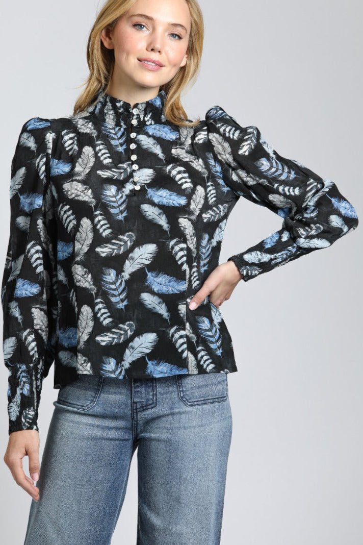 Puff Sleeve Blouse & Ruched Detail with Shades Of Bue Feather Print | front side