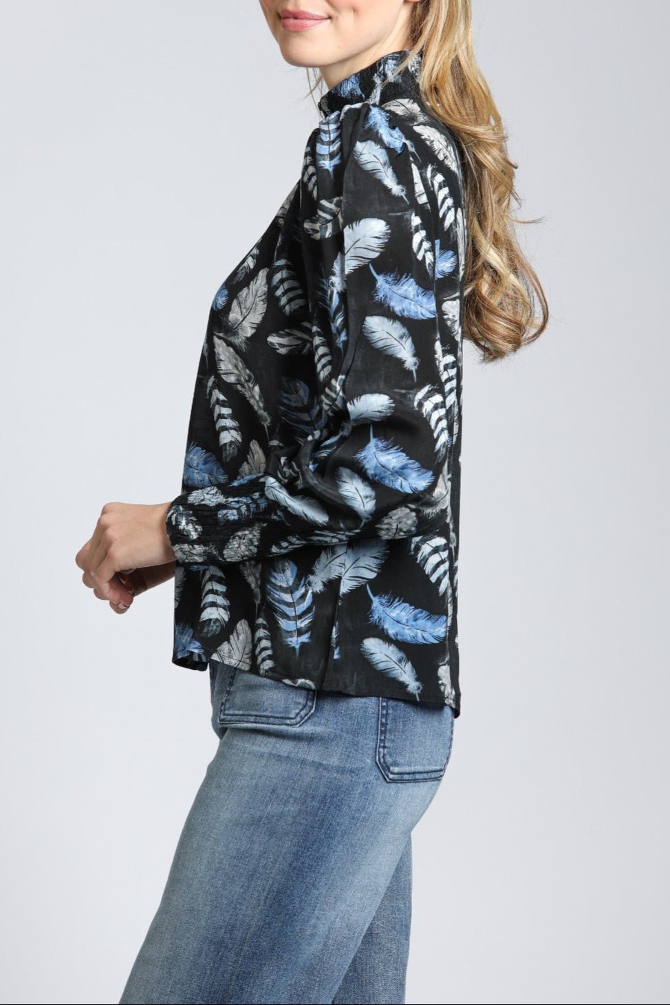 Puff Sleeve Blouse & Ruched Detail with Shades Of Bue Feather Print | left side