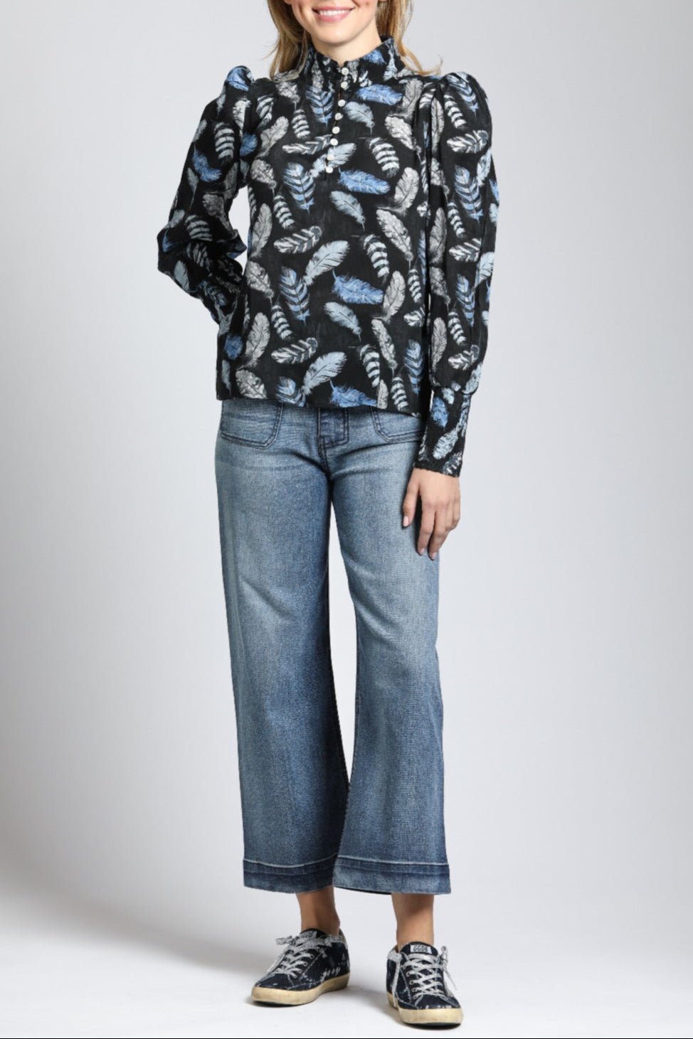 Puff Sleeve Blouse & Ruched Detail with Shades Of Bue Feather Print