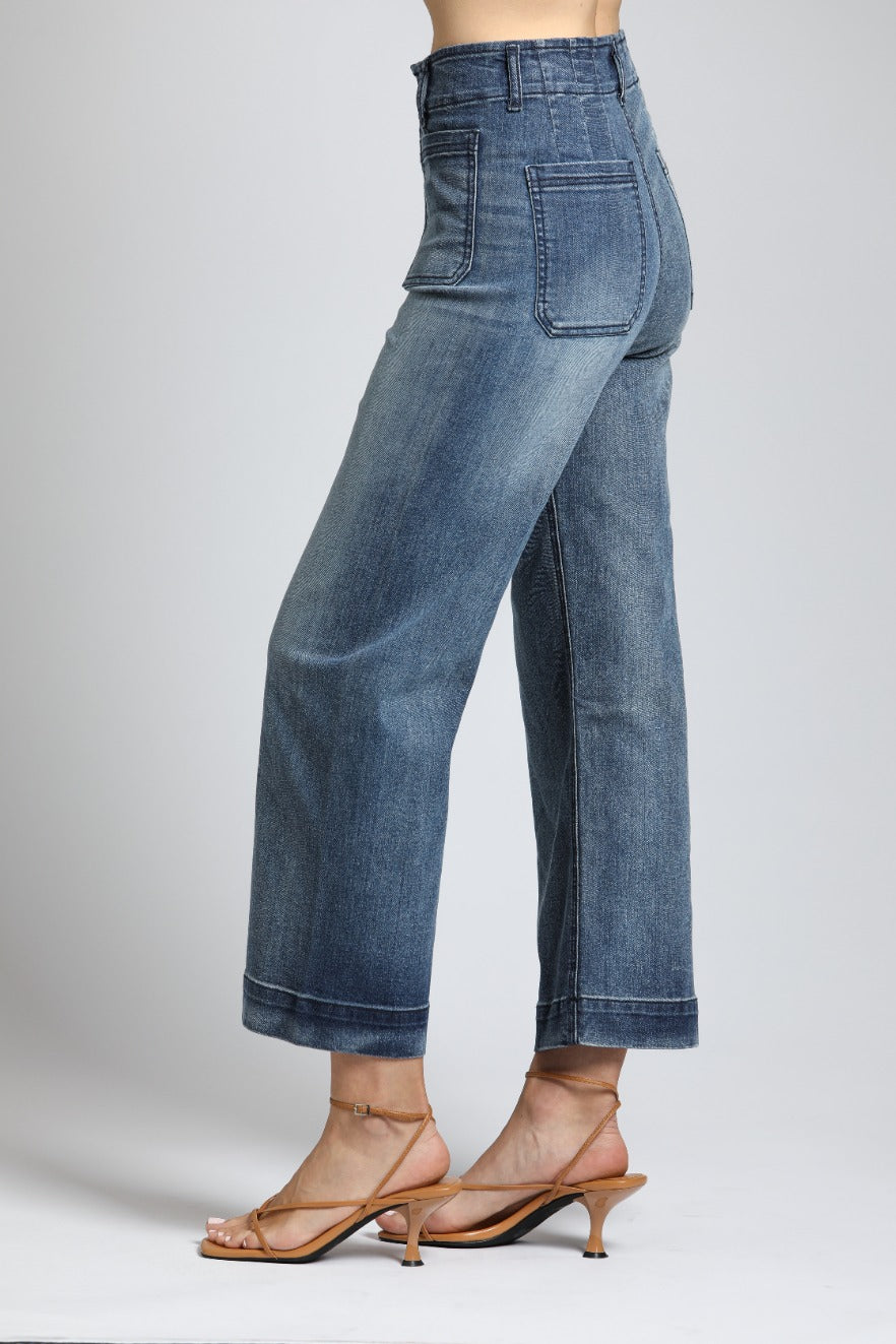 Cropped Wide Leg Pant With Patch Pockets - INDIGO | left side