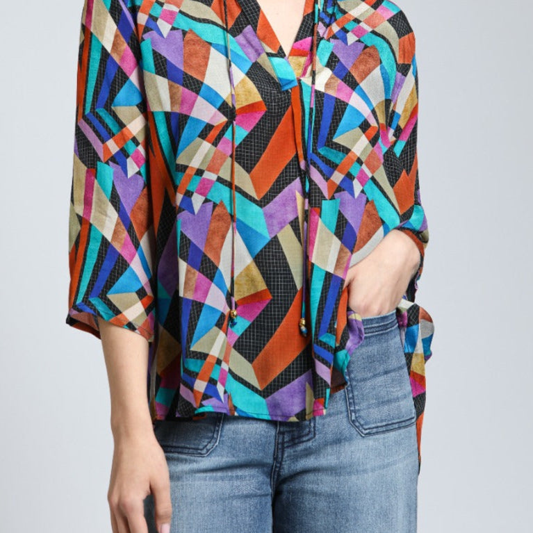 Multi-color Geometric Print - V Neck With Tassel | front side