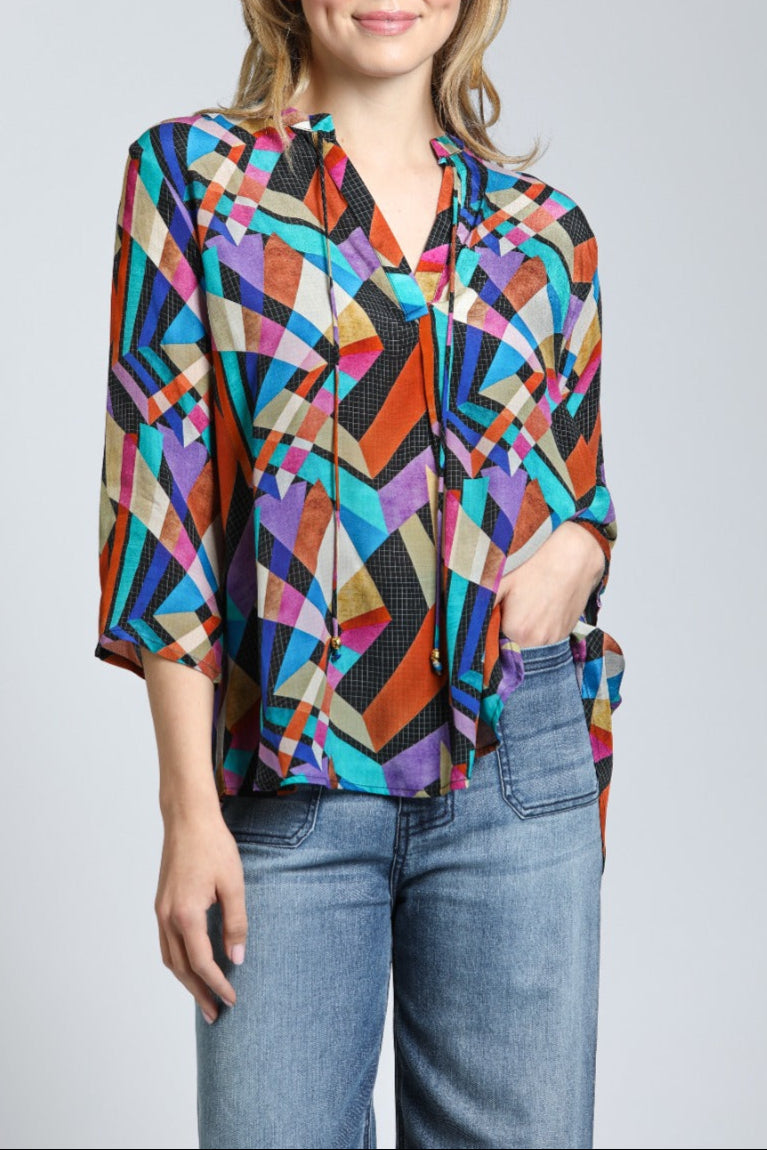 Multi-color Geometric Print - V Neck With Tassel | front side