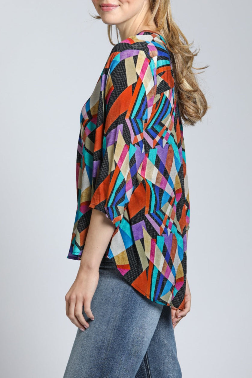 Multi-color Geometric Print - V Neck With Tassel | left side