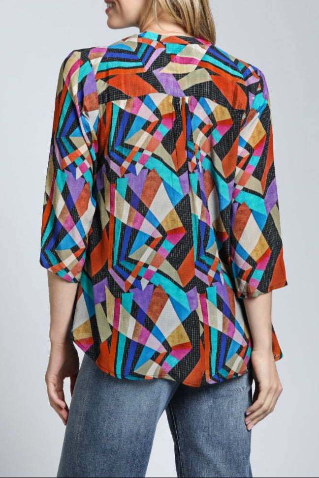 Multi-color Geometric Print - V Neck With Tassel | back side