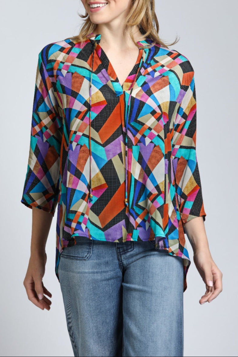 Multi-color Geometric Print - V Neck With Tassel