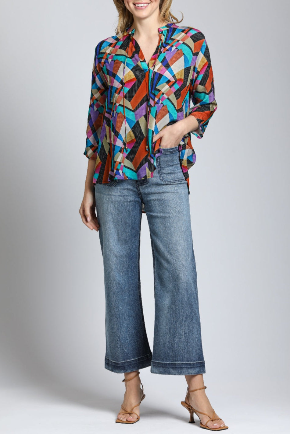 Multi-color Geometric Print - V Neck With Tassel | front side