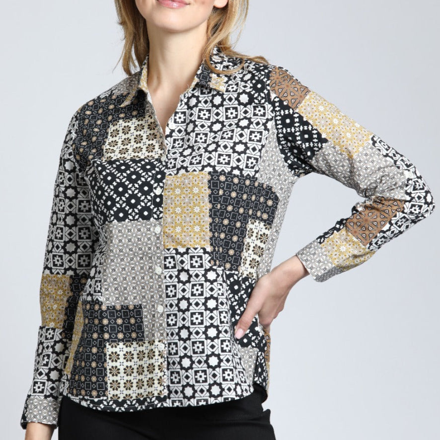 Classic Button-up Shirt with Earth Tone Patchwork Print | front side
