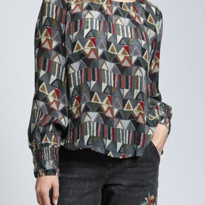 Geometric Triangle Print - Smocked Cuff Pullover | front side