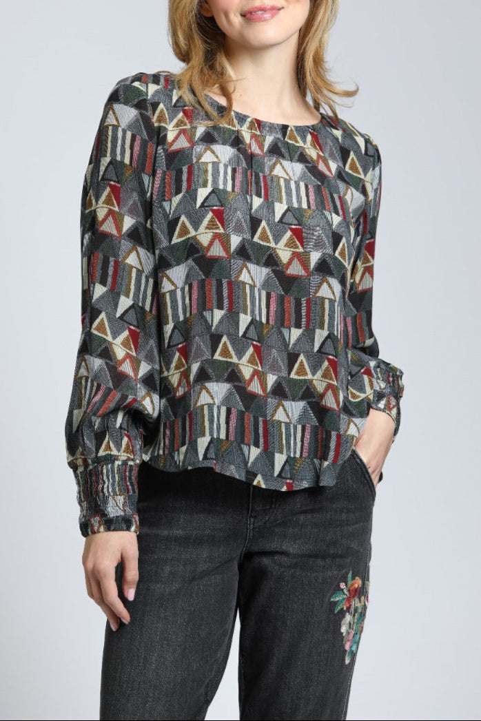 Geometric Triangle Print - Smocked Cuff Pullover | front side