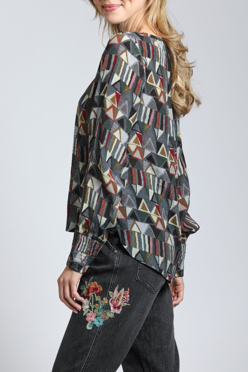 Geometric Triangle Print - Smocked Cuff Pullover | left side