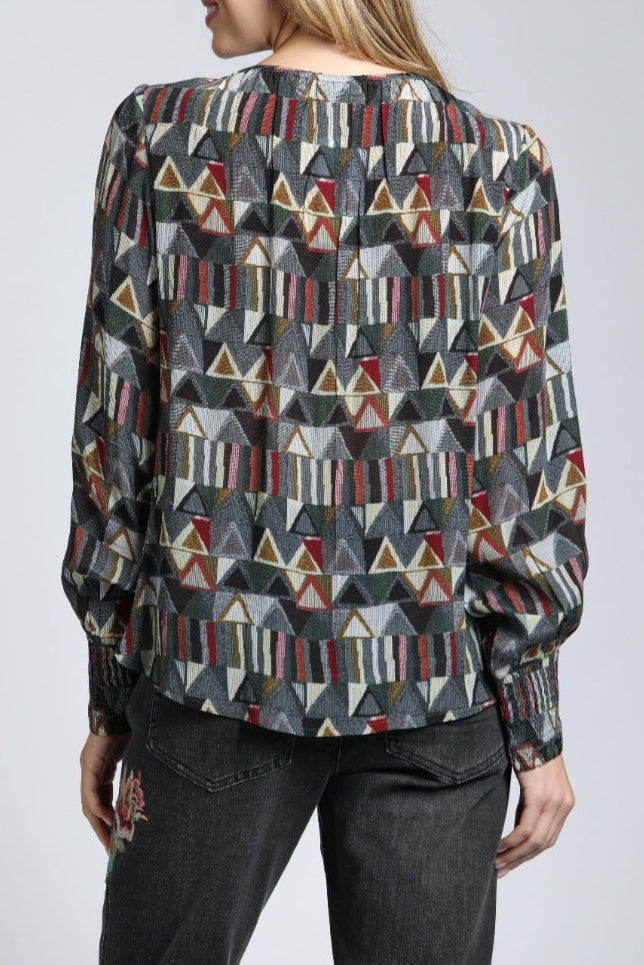 Geometric Triangle Print - Smocked Cuff Pullover | back side