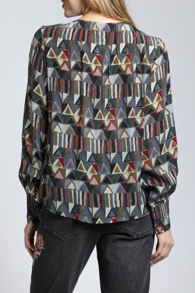 Geometric Triangle Print - Smocked Cuff Pullover | back side